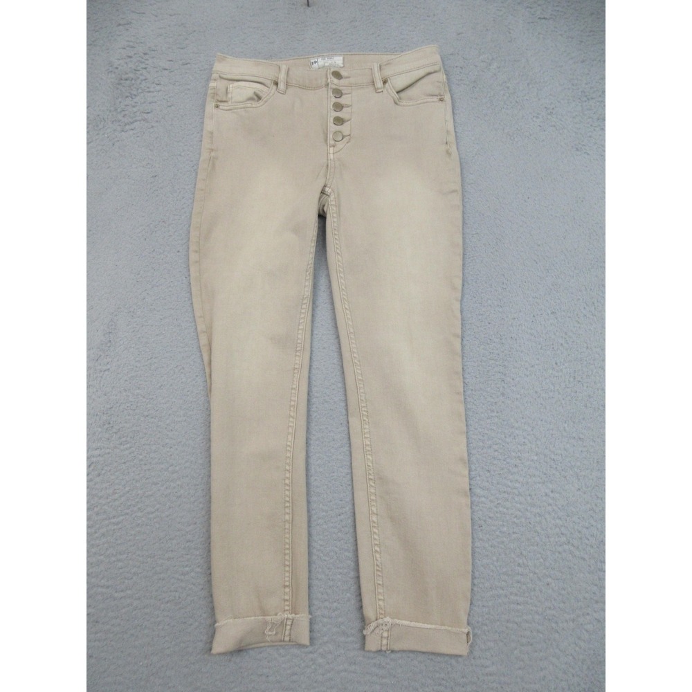Free People Button Fly Jeans Womens‎ 28 Beige Skinny Crop Cuffed Stretch Denim